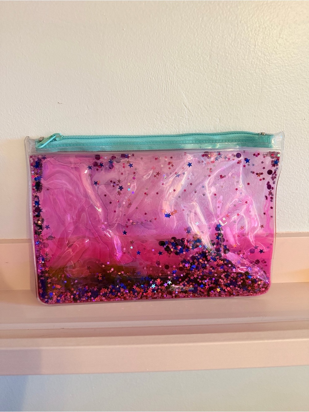 Pink Glitter Star Confetti Clear Pouch with Aqua Zipper